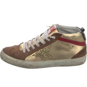 Golden Goose Mid Star Gold and Brown Sneakers. Lots of wear.